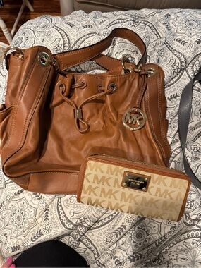 Michael Kors Brown Leather Drawstring Shoulder Bag with MK Signature Wallet